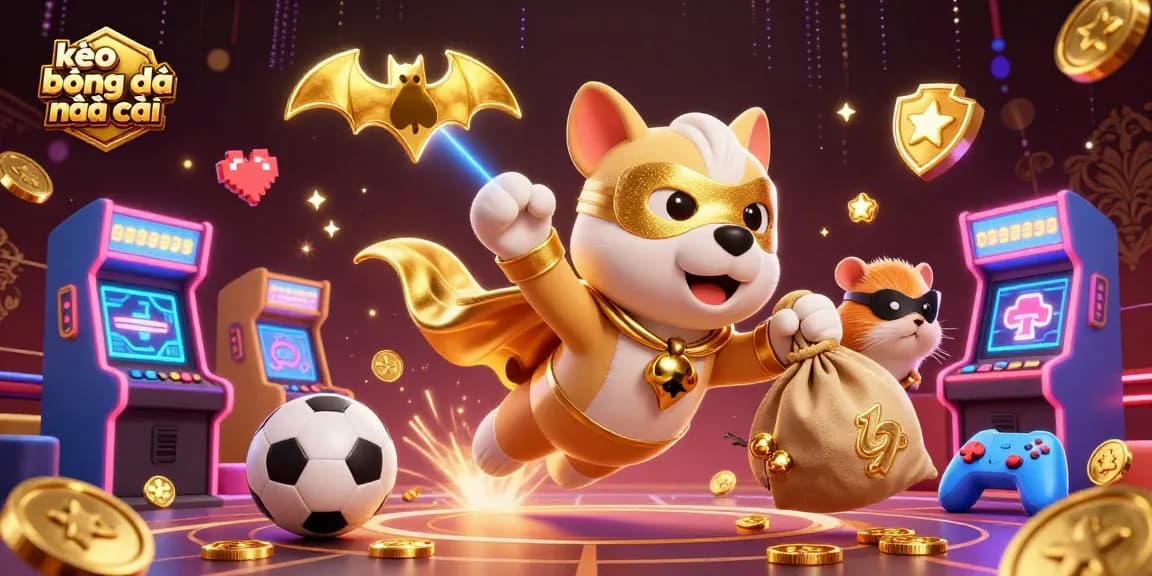 Engage with kèo bóng đá nhà cái in a vibrant casino scene featuring a superhero dog and gaming elements.