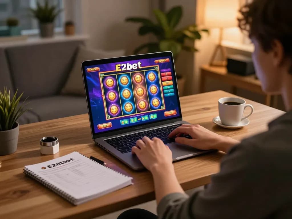 Engaging E2bet online gaming session with a player enjoying slots on their laptop.
