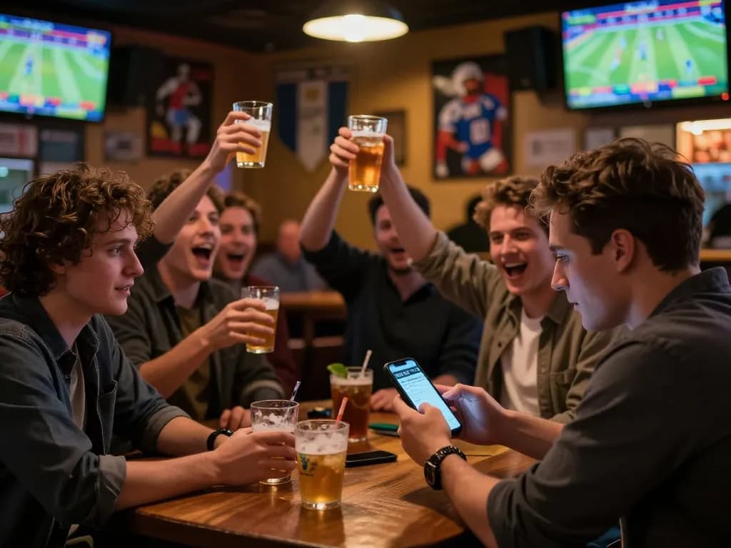 Engaged bettors observing kèo nhà cái odds on smartphones at a vibrant sports event.