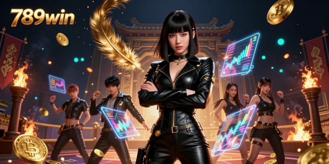 Engage with 789win's vibrant casino experience with a stylish Asian woman amid golden coins and crypto holographs.