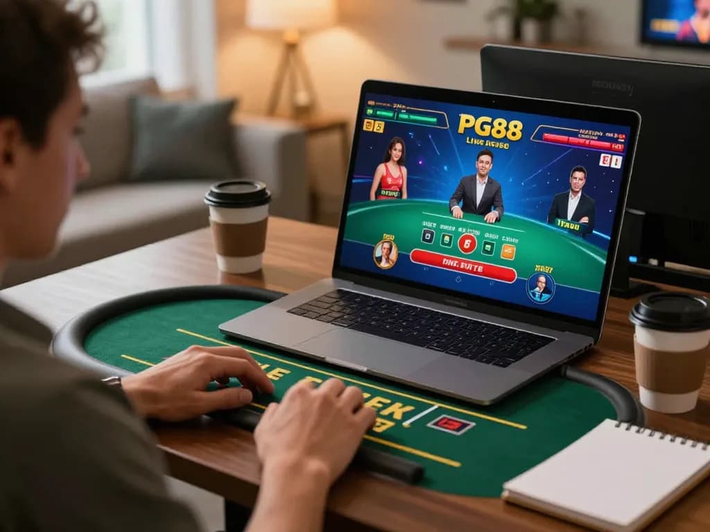 Player engaging in pg88 live dealer blackjack at home, showcasing an interactive online casino experience.