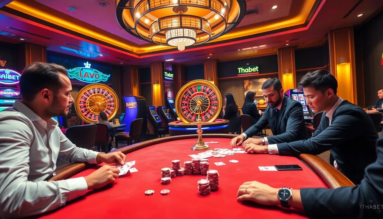 Players enjoying a thrilling poker game at Thabet Casino, with vibrant chips and cards on the table.