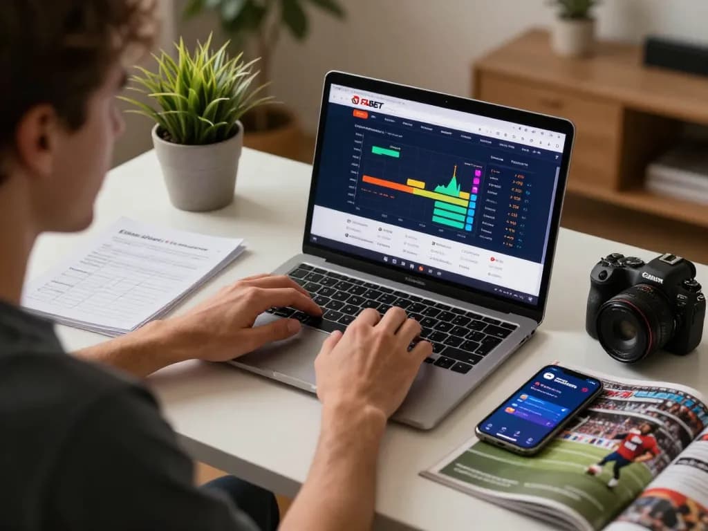 Engaged individual placing bets on FABET sports platform with live odds during a home session