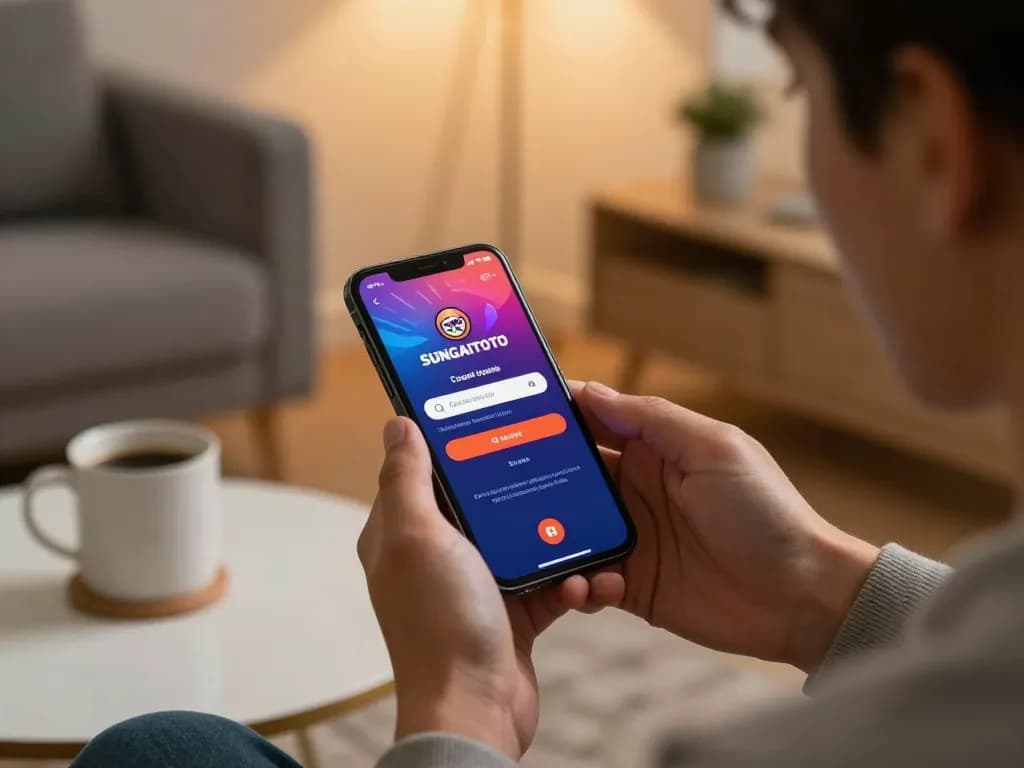 SUNGAITOTO login process on smartphone showing vibrant online gambling interface.