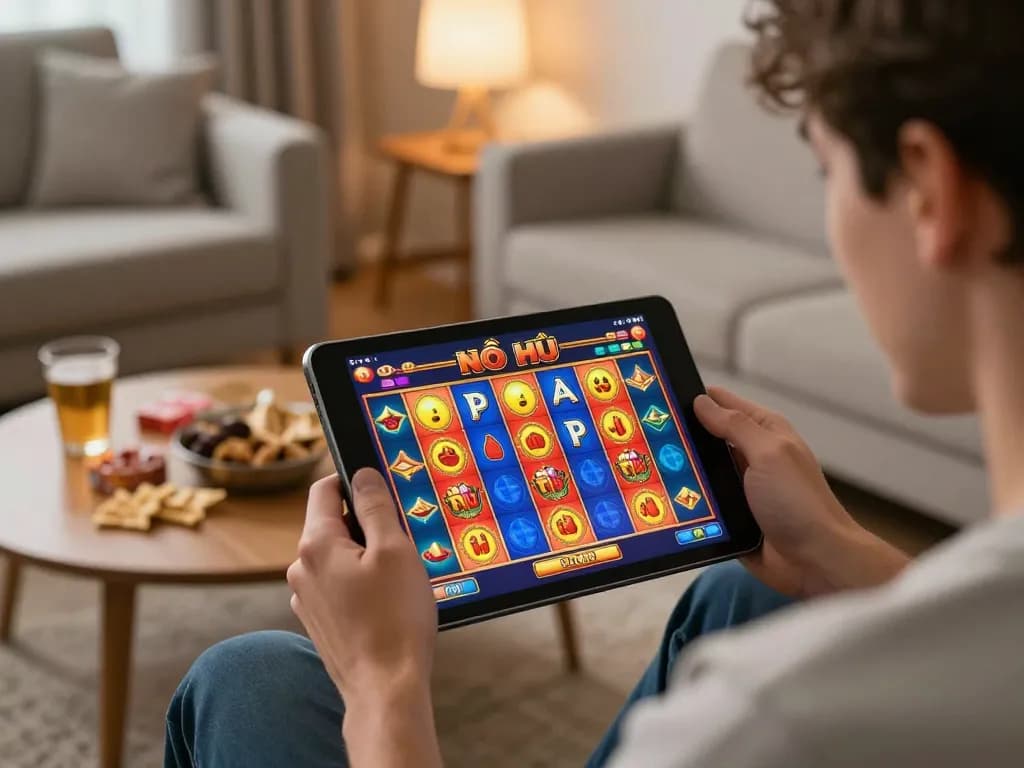 Engaged player enjoying Nổ Hũ online gaming on tablet in cozy living room