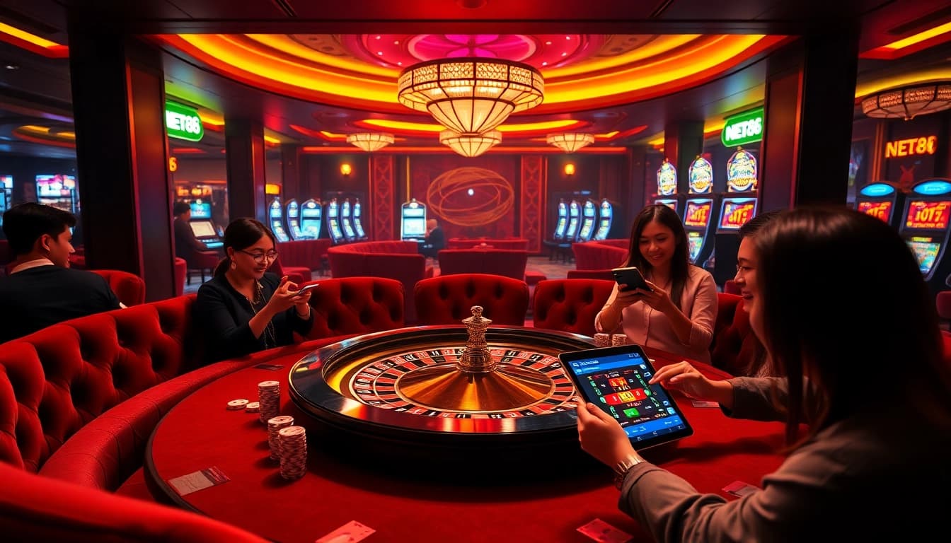 Experience thrilling gameplay with the NET88 app at a luxurious casino table featuring roulette, poker chips, and dice.