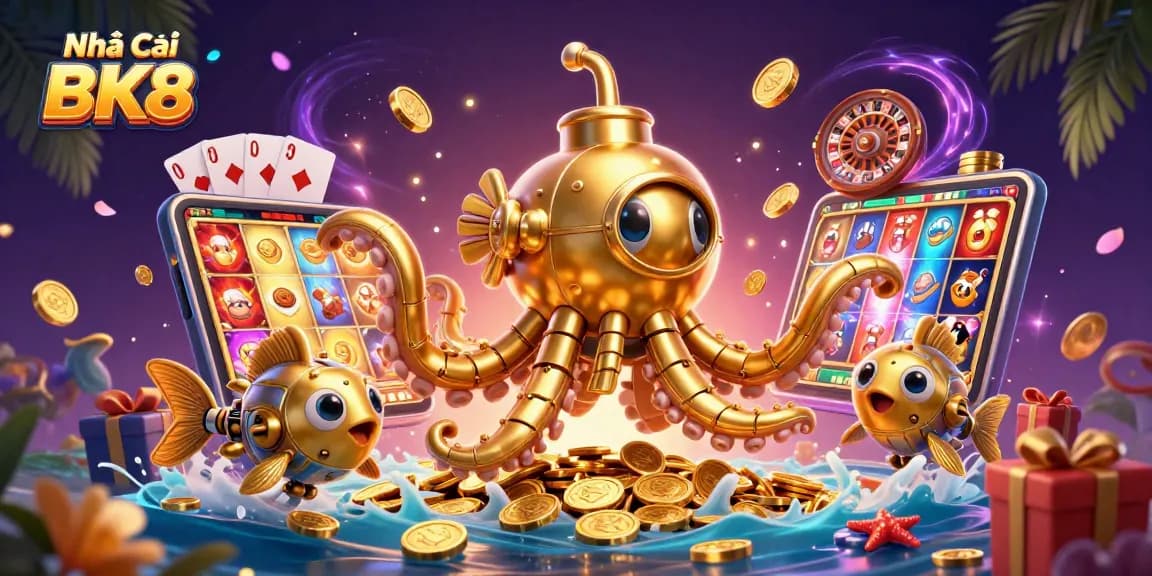 Experience thrilling games at Nhà Cái BK8 with an exciting underwater adventure featuring a golden kraken and animated casino elements.