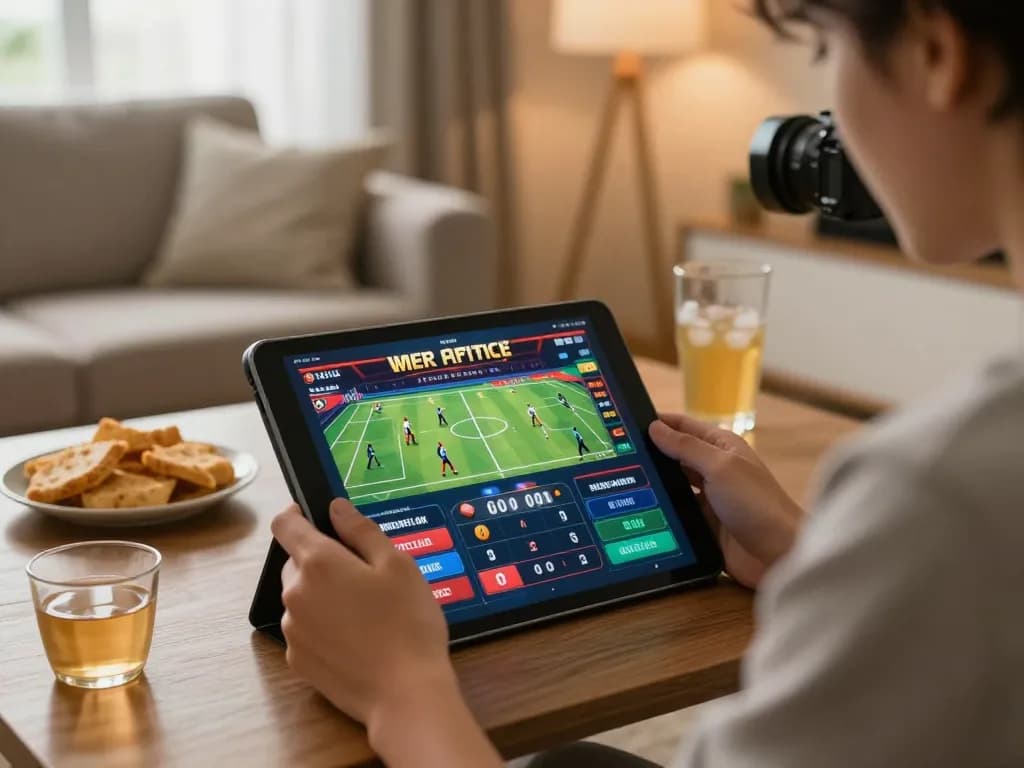 Experience sports betting with hay88x on a tablet in a cozy living room setting, highlighting engaged gameplay.