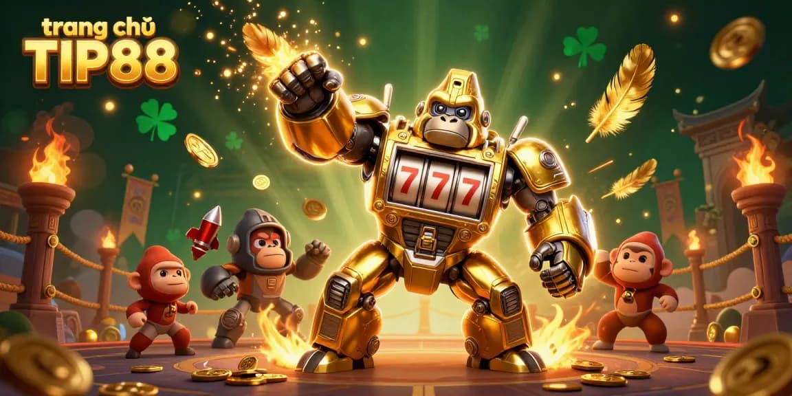 Experience excitement at trang chủ TIP88 with a dynamic 3D illustration of a golden gorilla mech and casino elements.