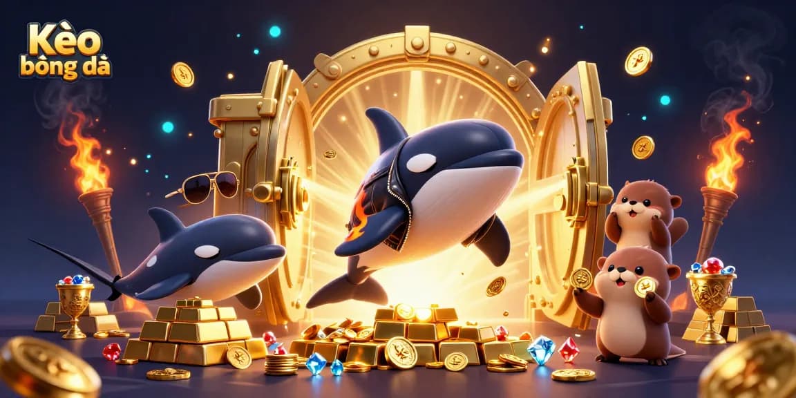 Engage with Kèo bóng đá and witness a lively 3D scene of playful characters around a treasure-filled environment.