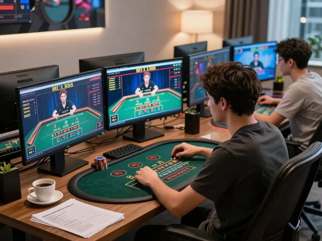 Engaged player strategizing for LV88 blackjack game on multiple screens in a modern gaming setup.