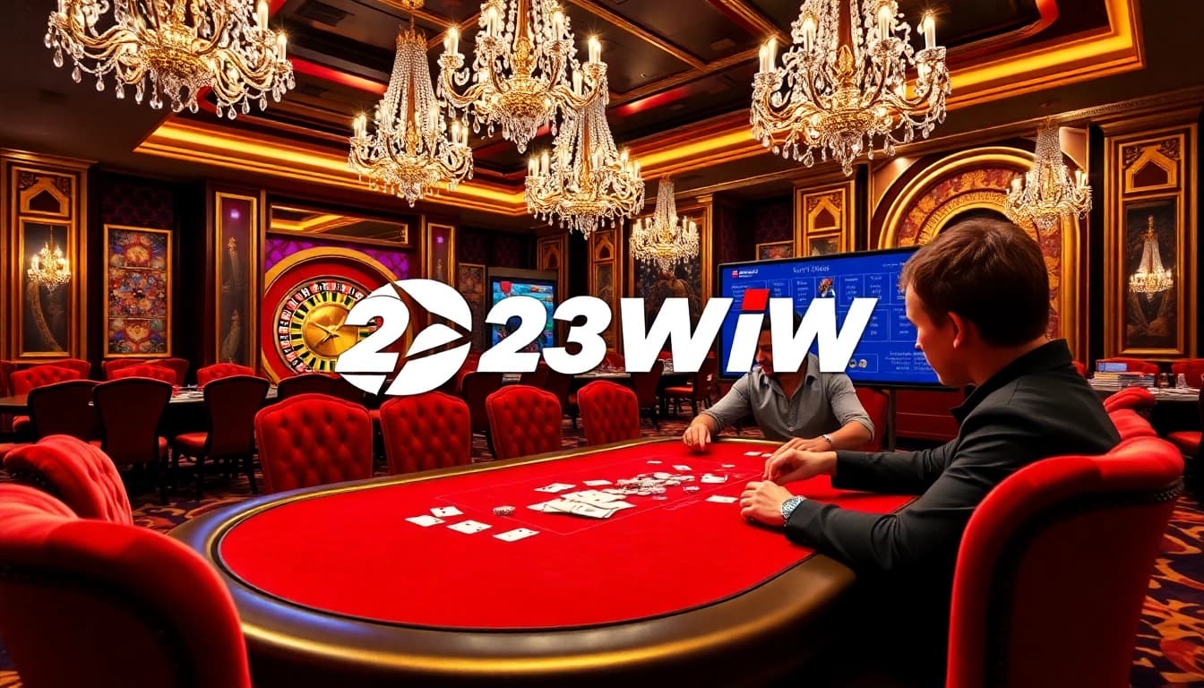 Players engaging in poker at a 23Win casino table with luxurious decor and vibrant colors.