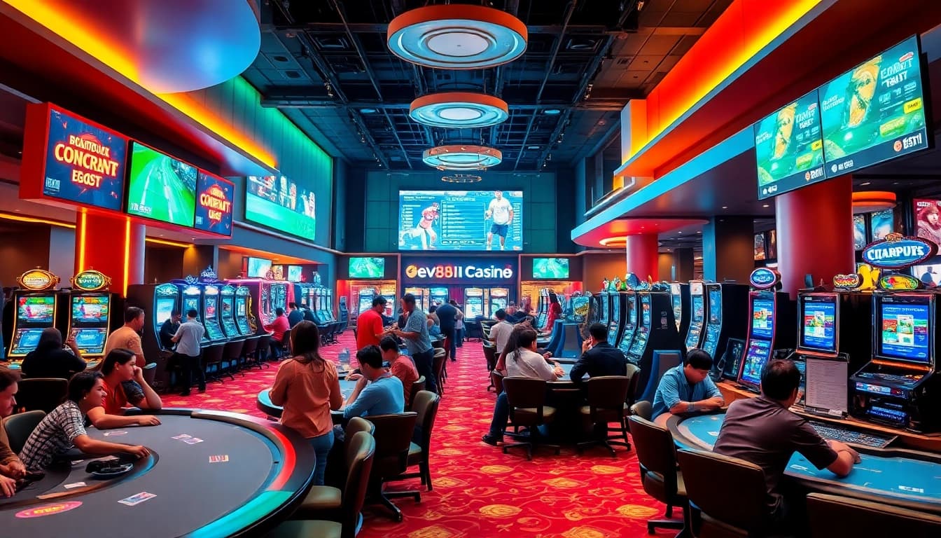 Dynamic gaming scene at ev88win.live showcasing casino games and sports betting excitement.