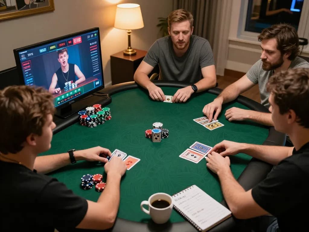 Players strategizing in an online HELLO88 poker game at home, showcasing engagement and excitement