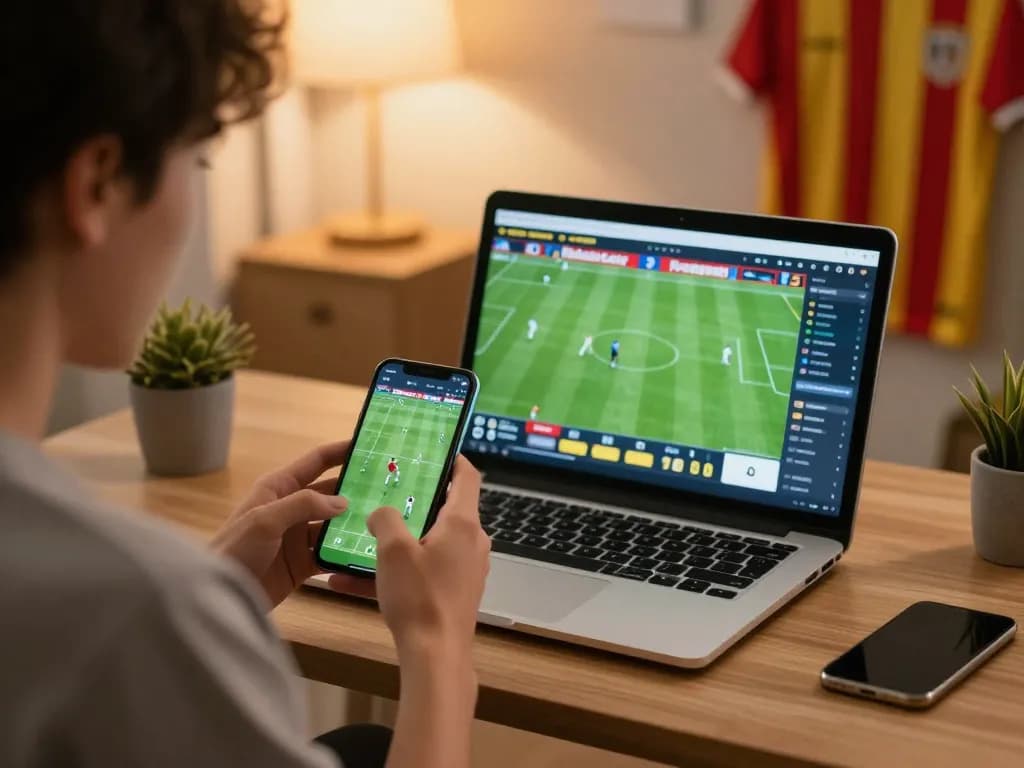 Engaging in online sports betting using smartphone and laptop, showcasing trang cá cược bóng đá strategies in comfort