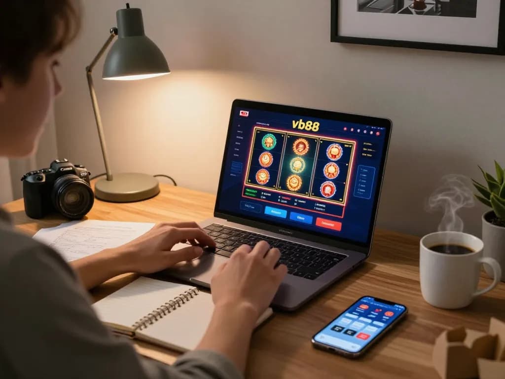 Engaging with vb88 online casino platform from a stylish home office setup with laptop and notebook
