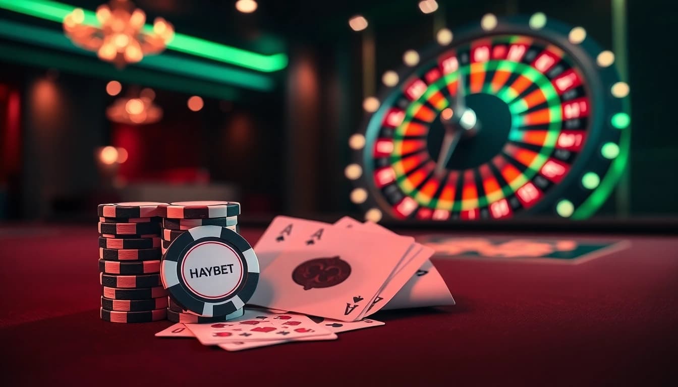 Experience HAYBET’s thrilling casino action with vibrant poker chips and elegant cards.