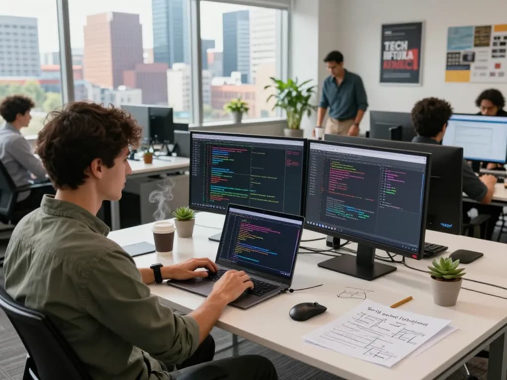 Programmer using clawbot in a modern office setting with dual monitors and coffee.