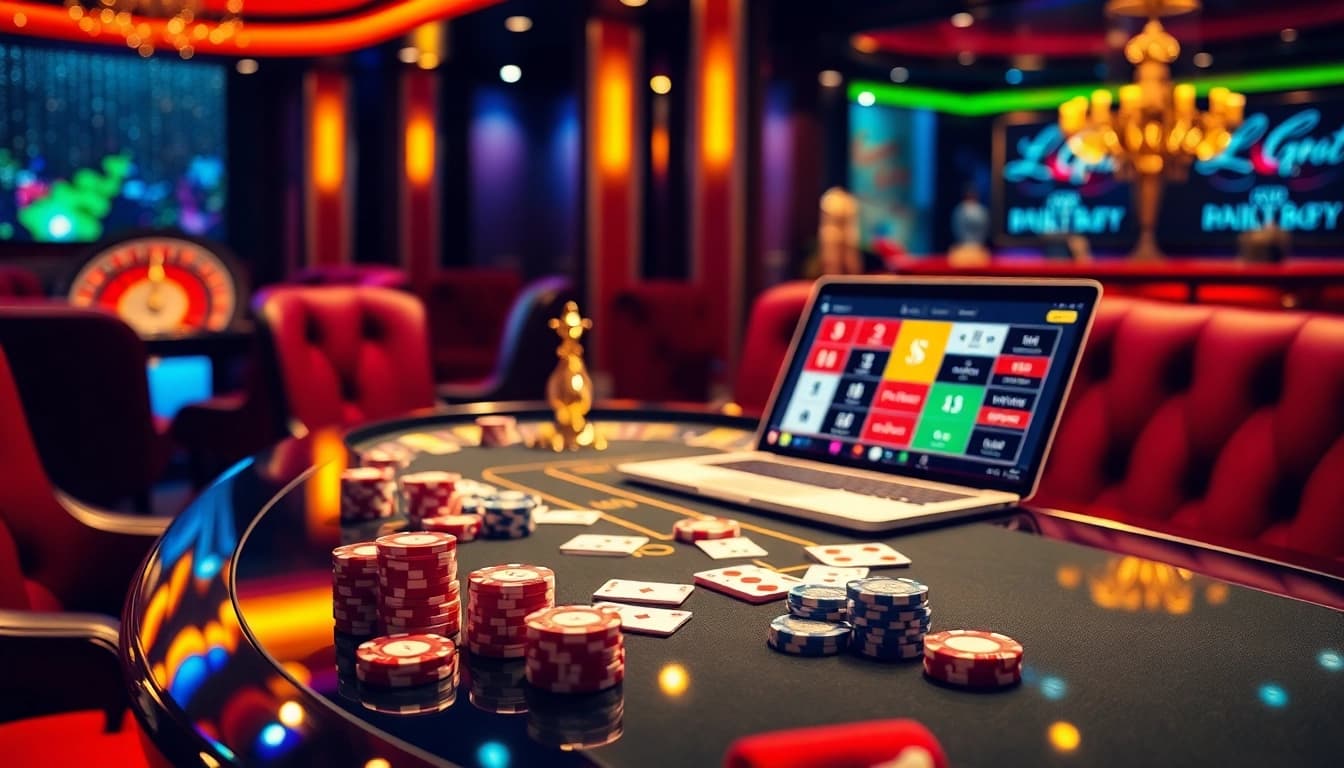 Experience the excitement of lucky88 casino, showcasing vibrant gaming tables and engaging online gambling visuals.