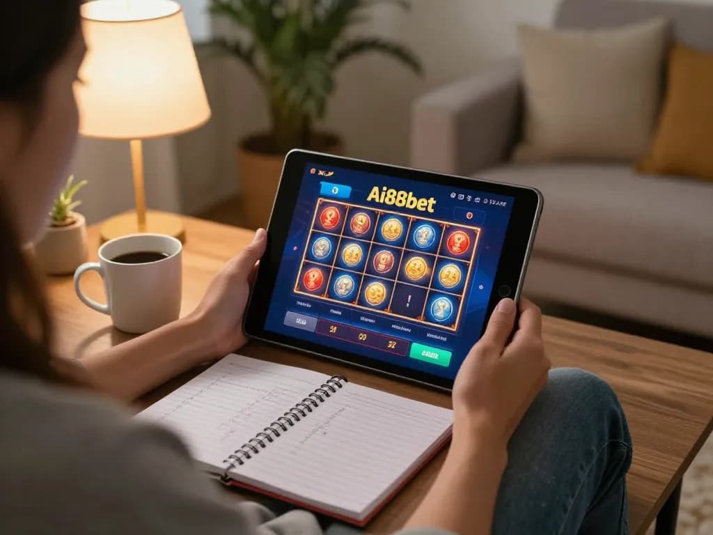 A player using the Ai88bet app on tablet during a cozy home gaming session.