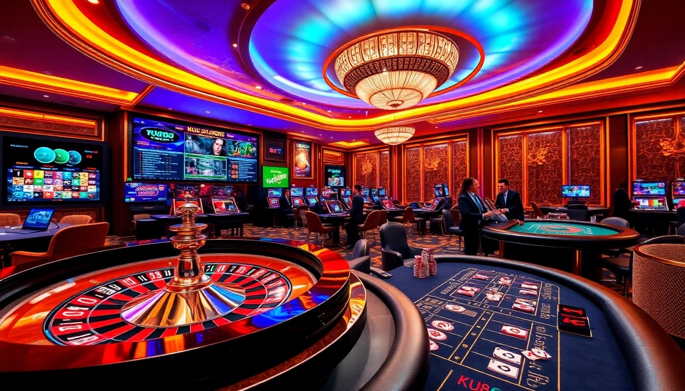 Experience the thrill of KU88 COM at a luxurious casino featuring poker tables and roulette wheels.