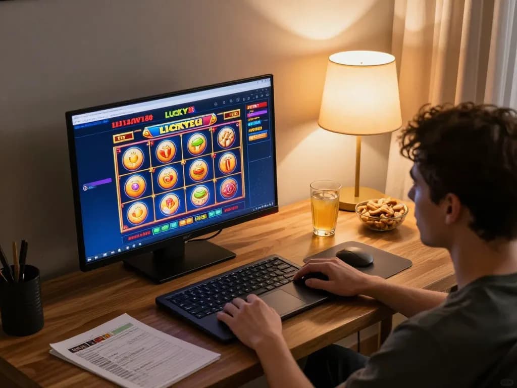 Engaging in dynamic gaming at LUCKY88 online casino interface in a cozy home setting