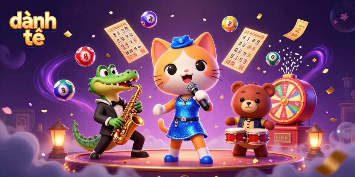 Engaging scene of đánh đề with a jazz-singer cat, croc, and bear, dynamic casino elements around