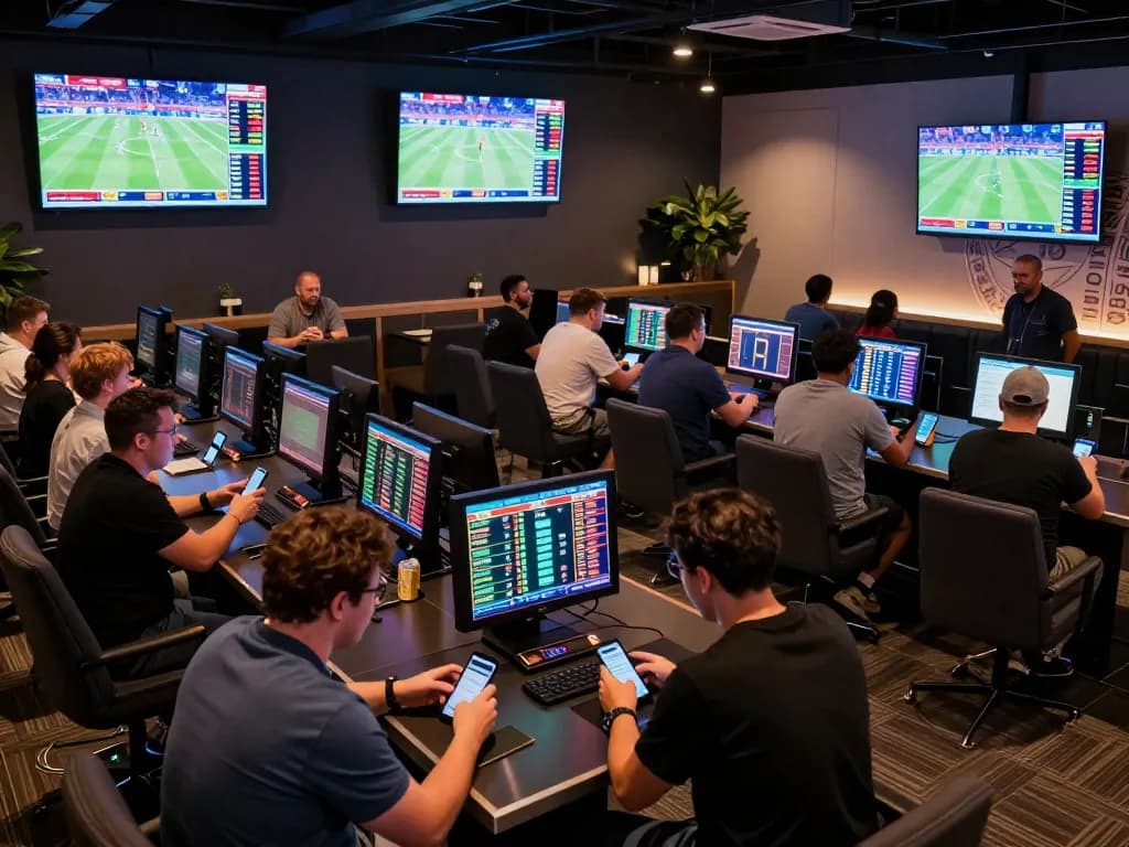 Engaged bettors analyzing odds and placing wagers, showcasing nhận định kèo nhà cái in an electrifying sports betting lounge atmosphere.