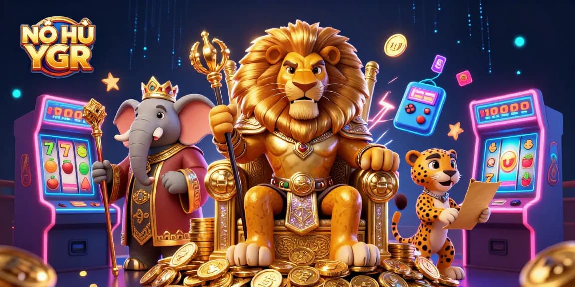 Engage in thrilling spins with NỔ HŨ YGR, showcasing a majestic lion king and vibrant slot machines.
