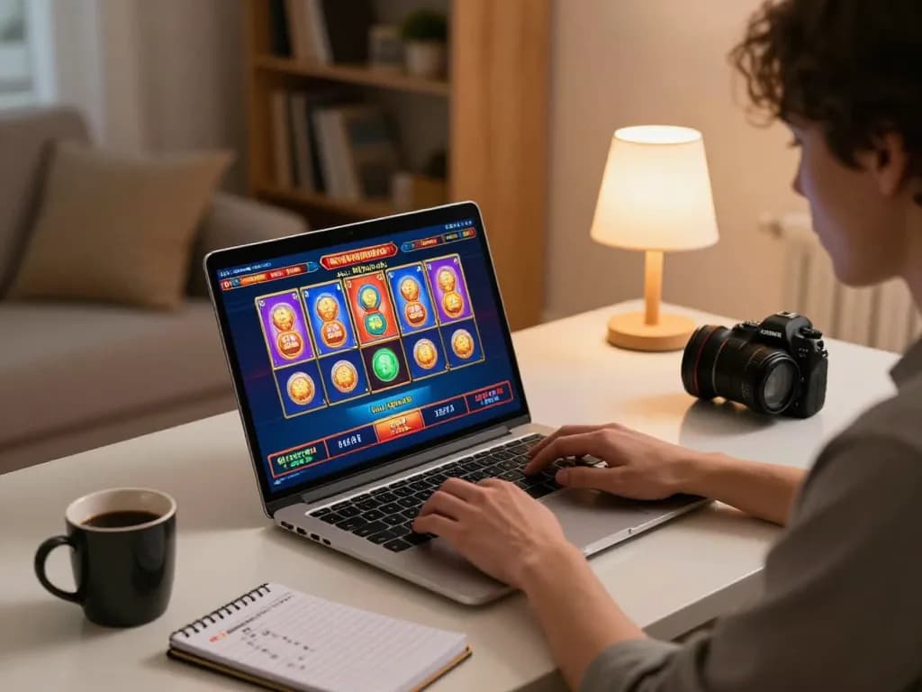 Engaged user playing slots on laptop, highlighting nhà cái fly88 gaming strategies.