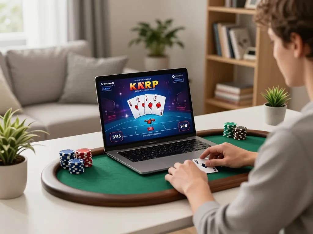 Player engaged in online poker on a stylish laptop at home with alc88 interface displayed.