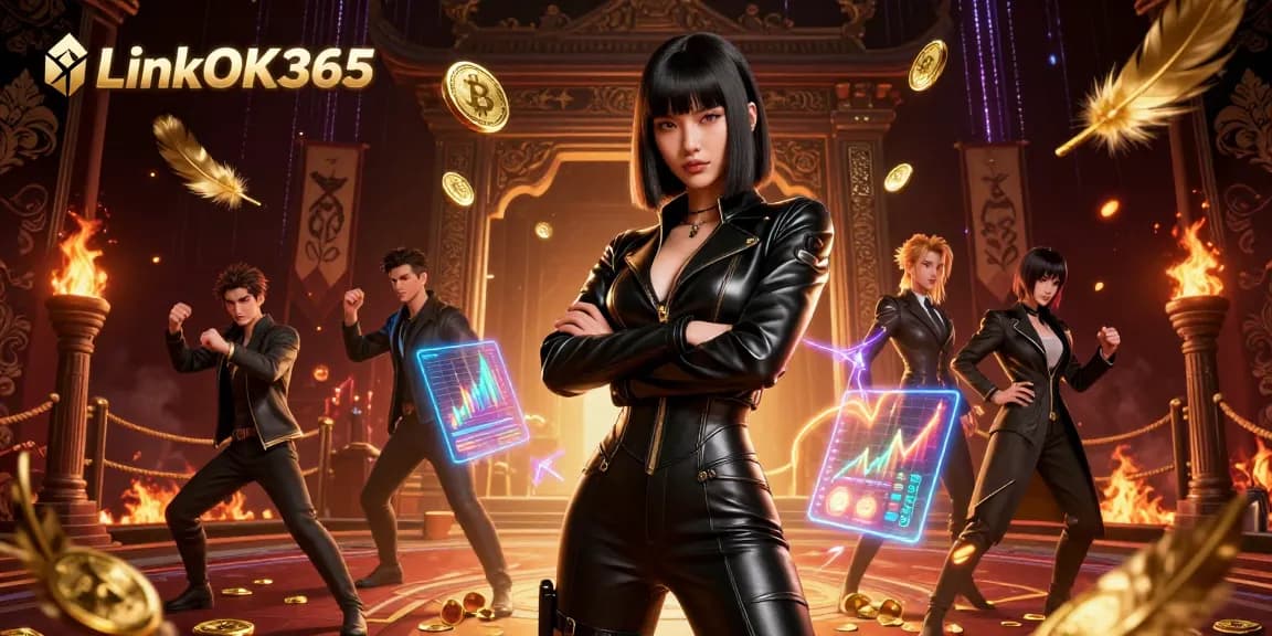Experience the thrill of gambling with Link OK365 featuring a captivating Asian woman and dynamic casino elements.