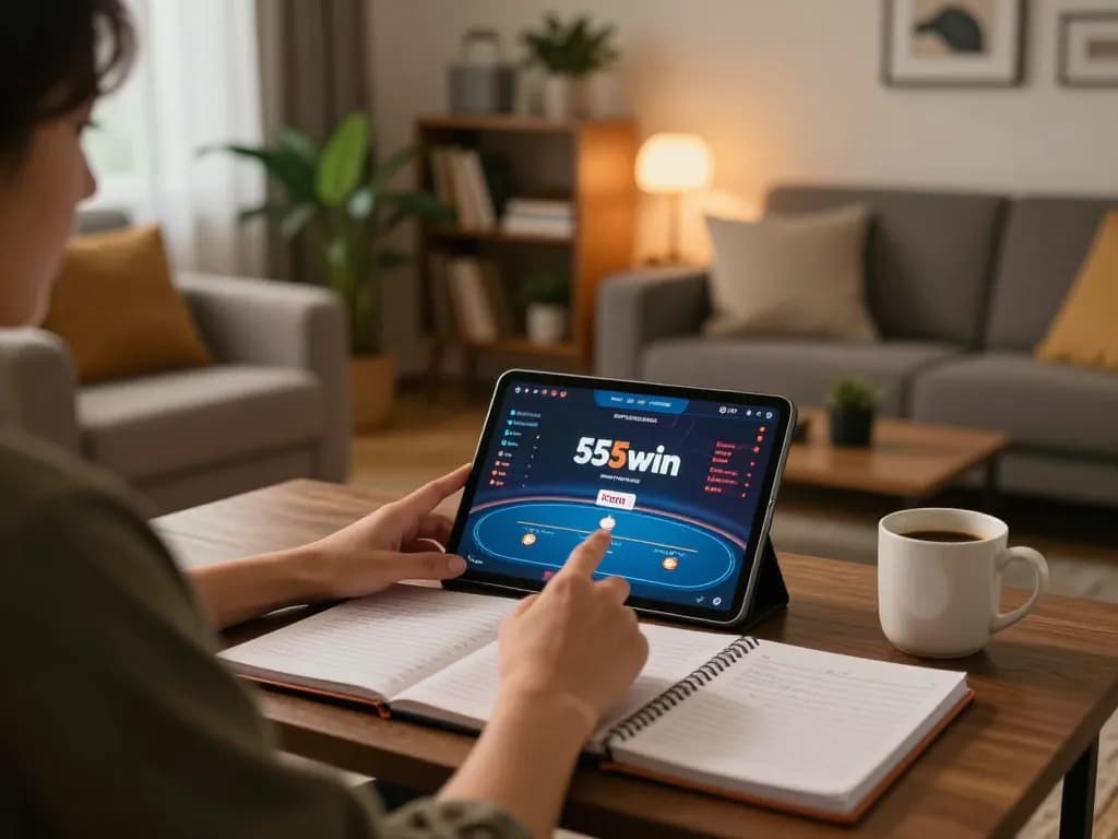 Player engaged with 555win poker interface on tablet in cozy home setting, showcasing strategic gaming