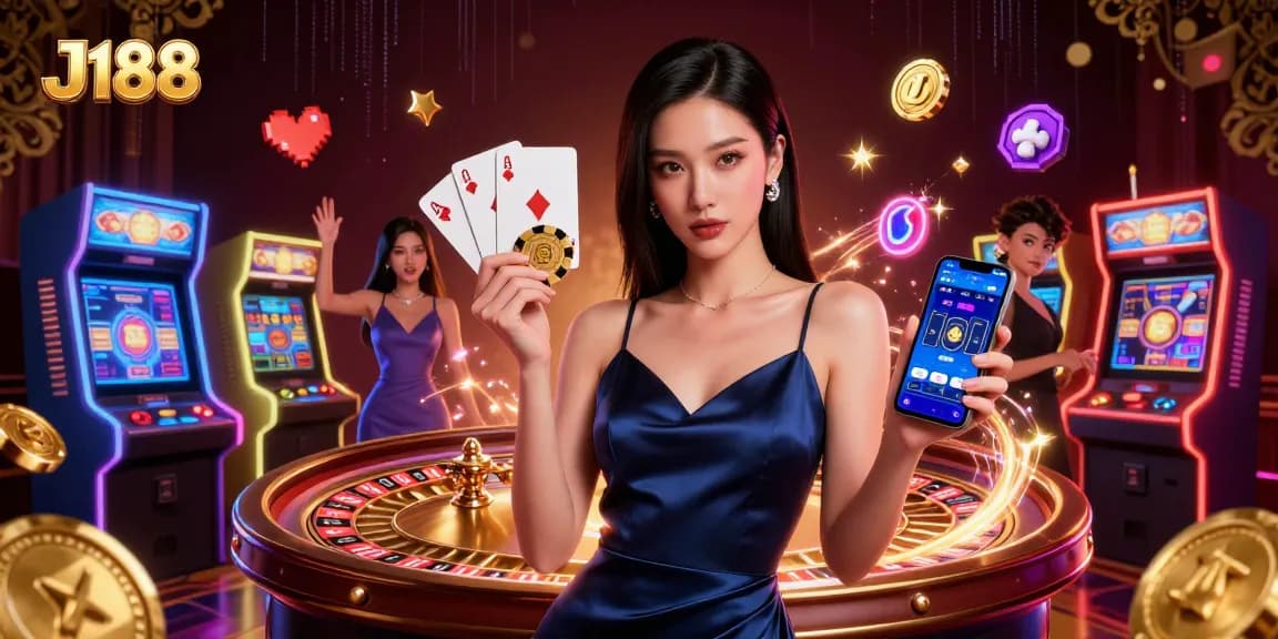 Experience exciting gameplay at J188 casino with a stunning Asian woman showcasing games and golden chips.