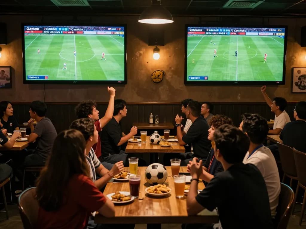 Cakhiatv's live soccer stream viewed in a lively sports bar, showcasing excited fans and a vibrant atmosphere.