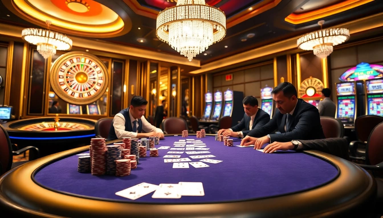 A captivating poker scene at 789BET COM featuring professional players, colorful chips, and luxurious casino decor.