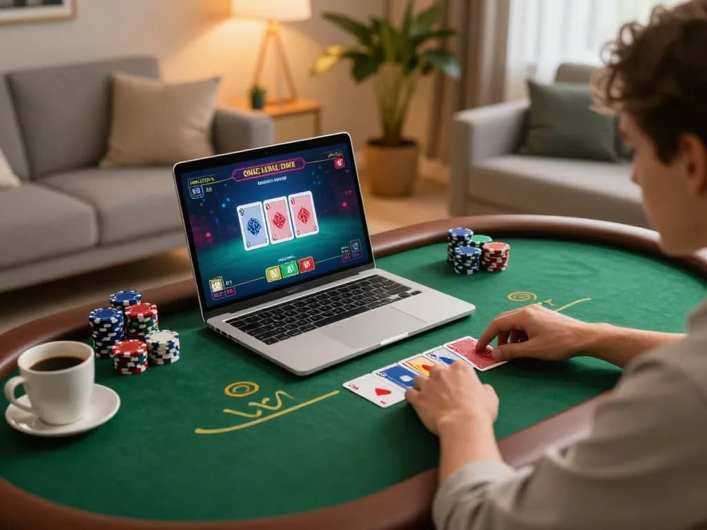 Player engaging in poker game on laptop during a cozy online gaming session with 888VI.