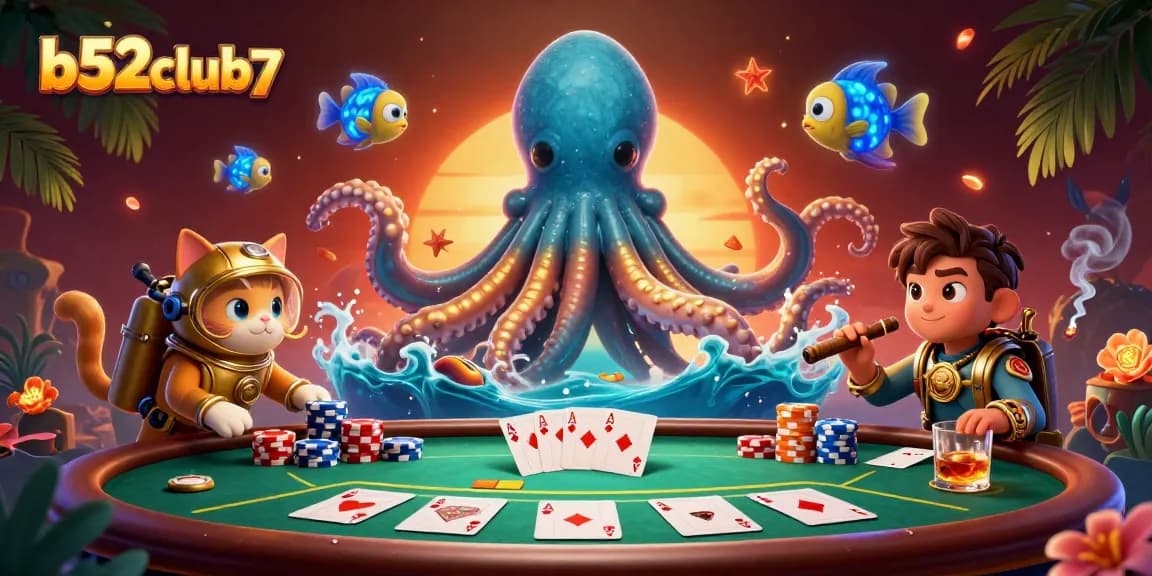 Engage in thrilling gameplay at b52club7 with a dynamic 3D scene featuring a kraken and poker elements.