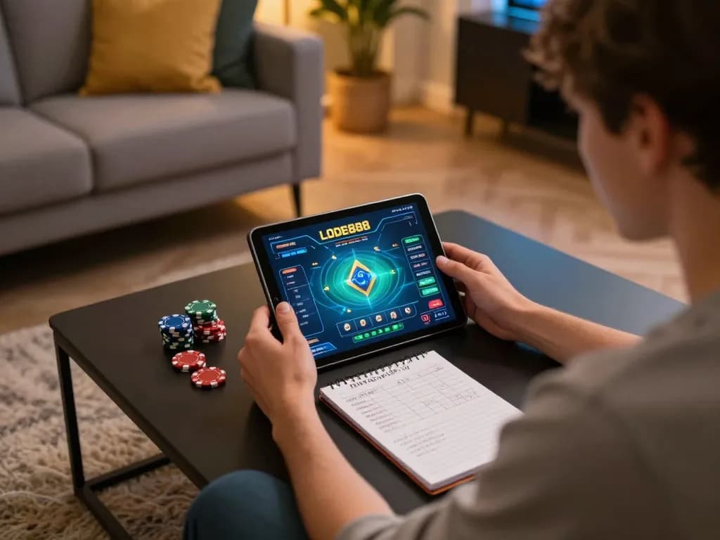 Player engaging with LODE888 online poker game on tablet in a cozy home setting.