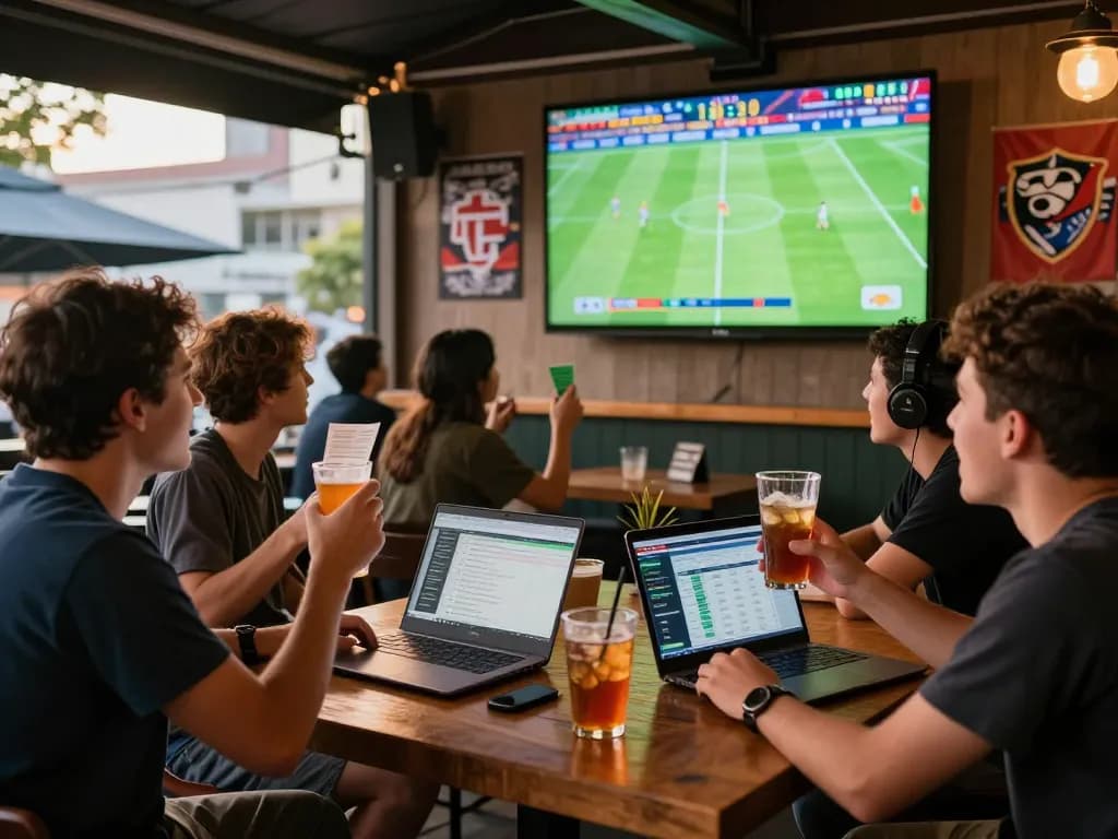 Cá độ bóng đá fans excitedly watching a live match at a sports bar.