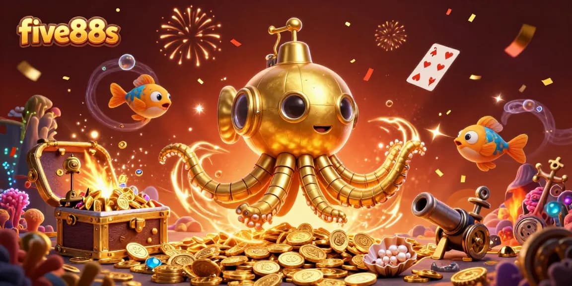 Experience thrilling adventures at five88s with golden rewards and vibrant casino-themed underwater scenery.