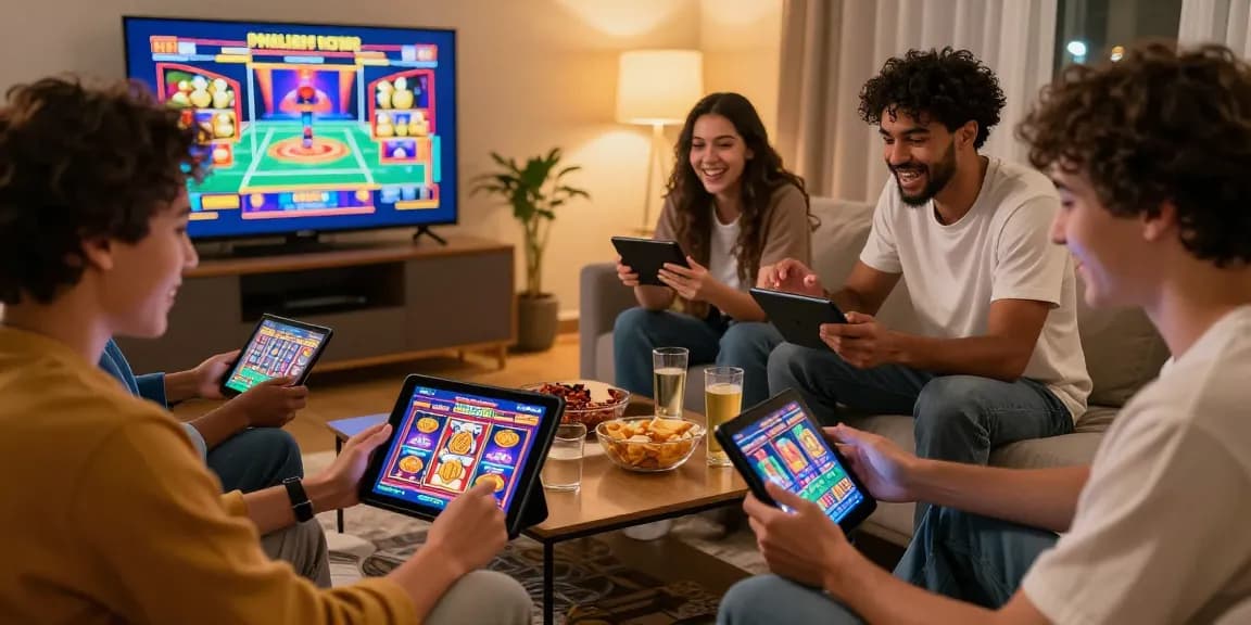 Friends enjoying new online slot sites together in a lively home setting