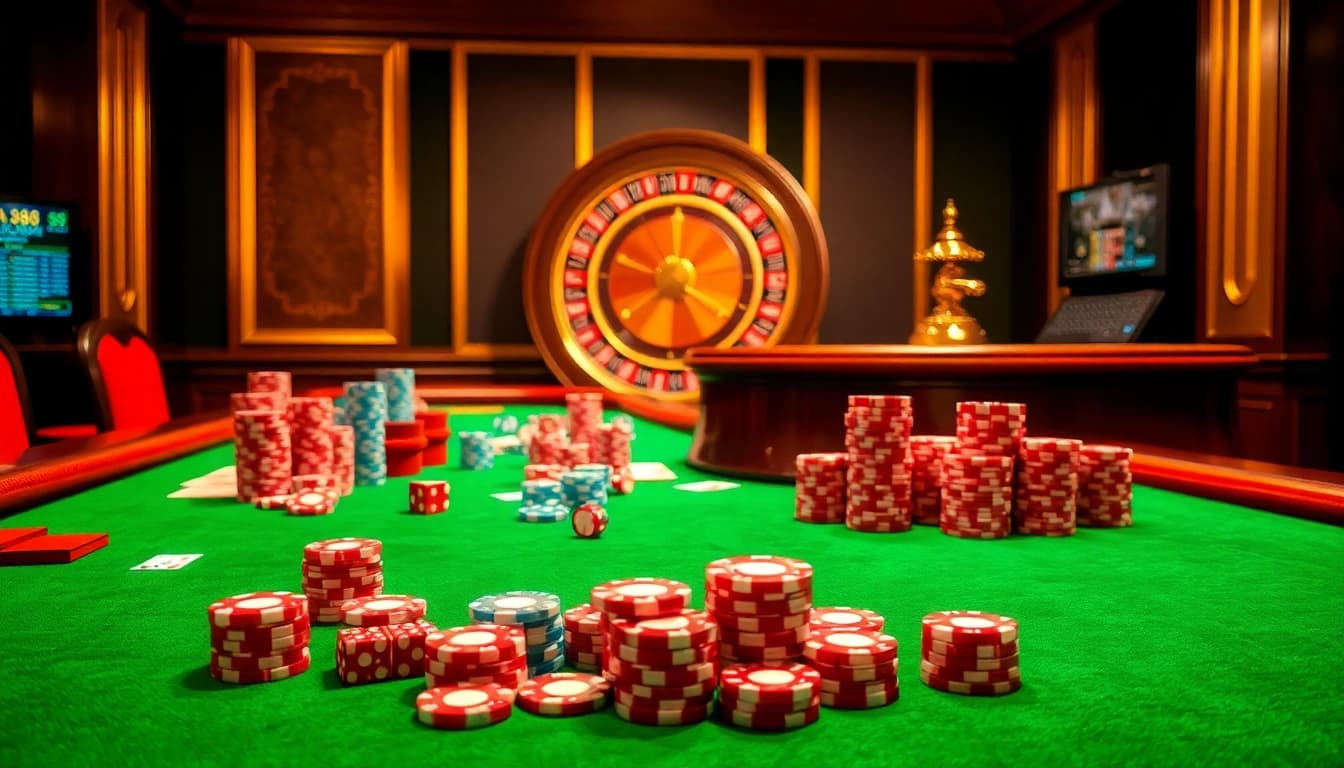 Engaging gamblers at DA88's luxurious casino table with roulette wheel and poker chips.