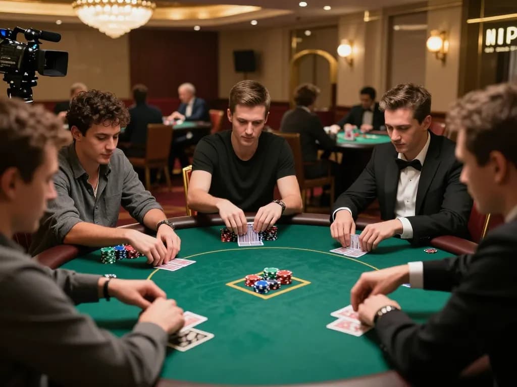 Players at a luxury table engaged in intense poker gameplay at luck8 com casino night.