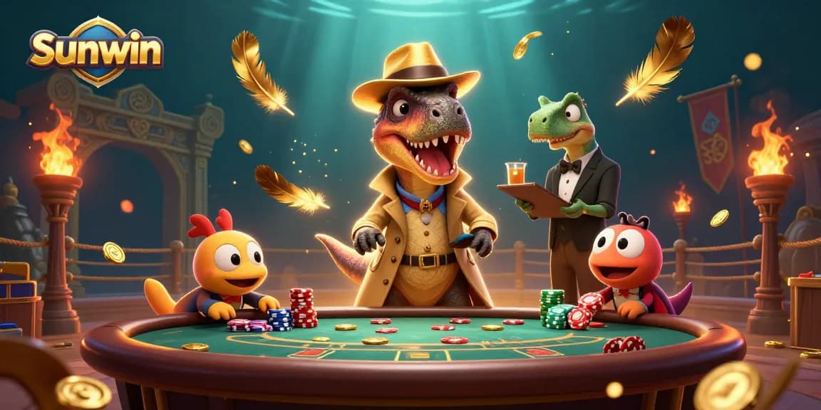 Sunwin betting scene with a velociraptor card counter at a blackjack table surrounded by colorful casino elements.