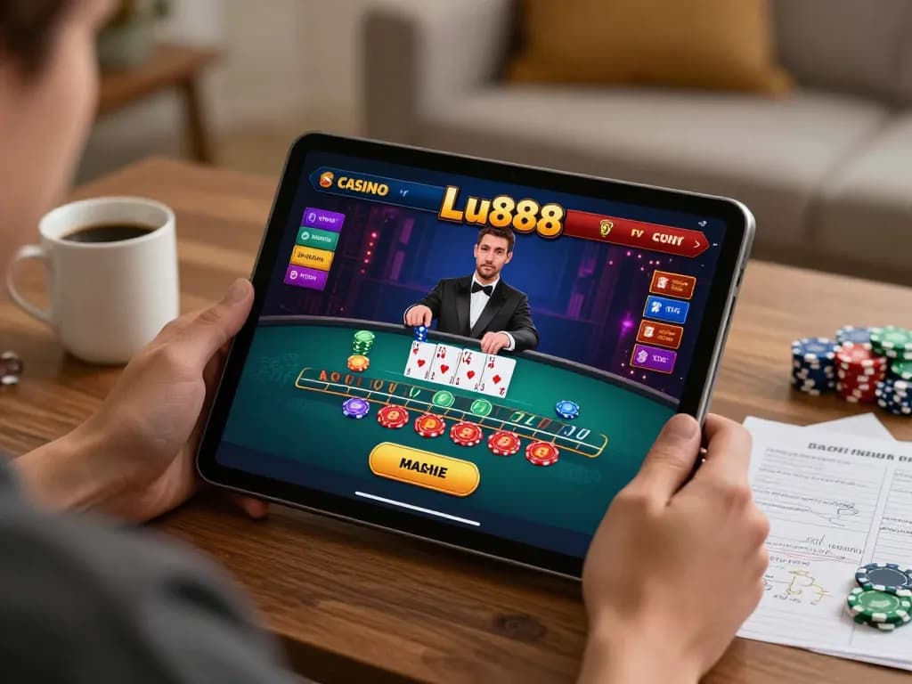 Playing blackjack at Lu88 online casino on a tablet, showcasing strategic gaming setup.