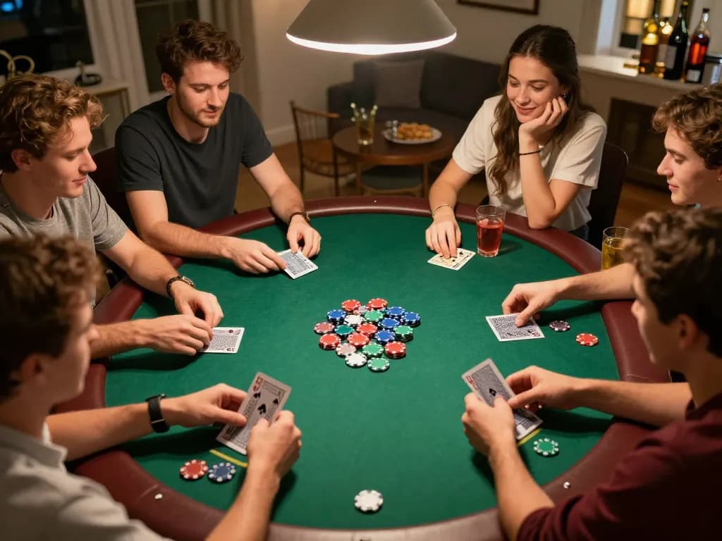 Play poker with friends at home, showcasing kkwin-inspired strategies and vibrant chips on table.