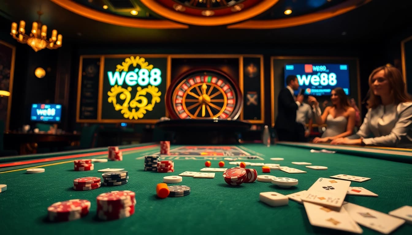 Engaging scene at WE88 casino with poker chips and roulette wheel showcasing excitement.