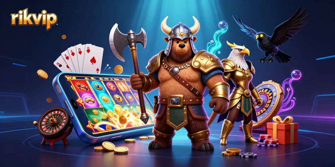 Experience thrilling gameplay at rikvip with vibrant slot games and energetic characters in a dynamic casino scene.