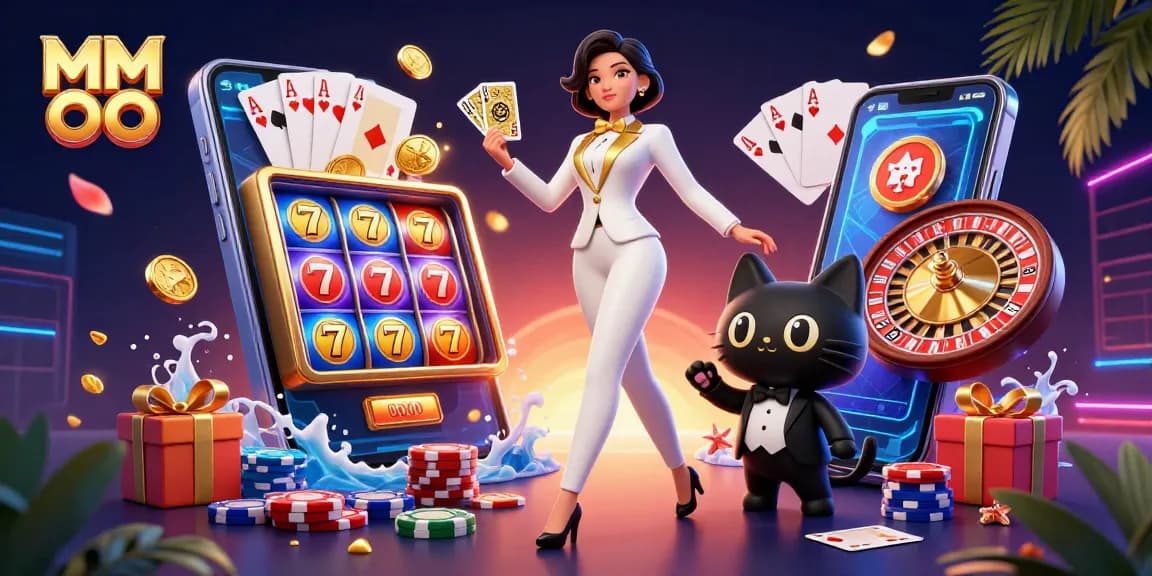 Experience excitement at MM OO with a glamorous dealer shuffling cards and dynamic slot games.